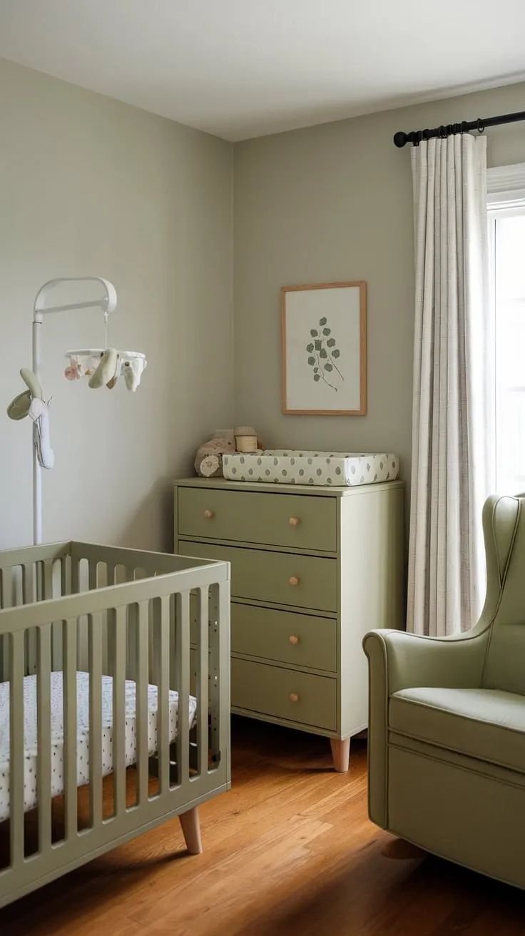 This charming sage green nursery features olive green furniture, a cozy crib, and a rocking chair, making it an ideal space for newborn bedroom ideas and a stylish green boys nursery.