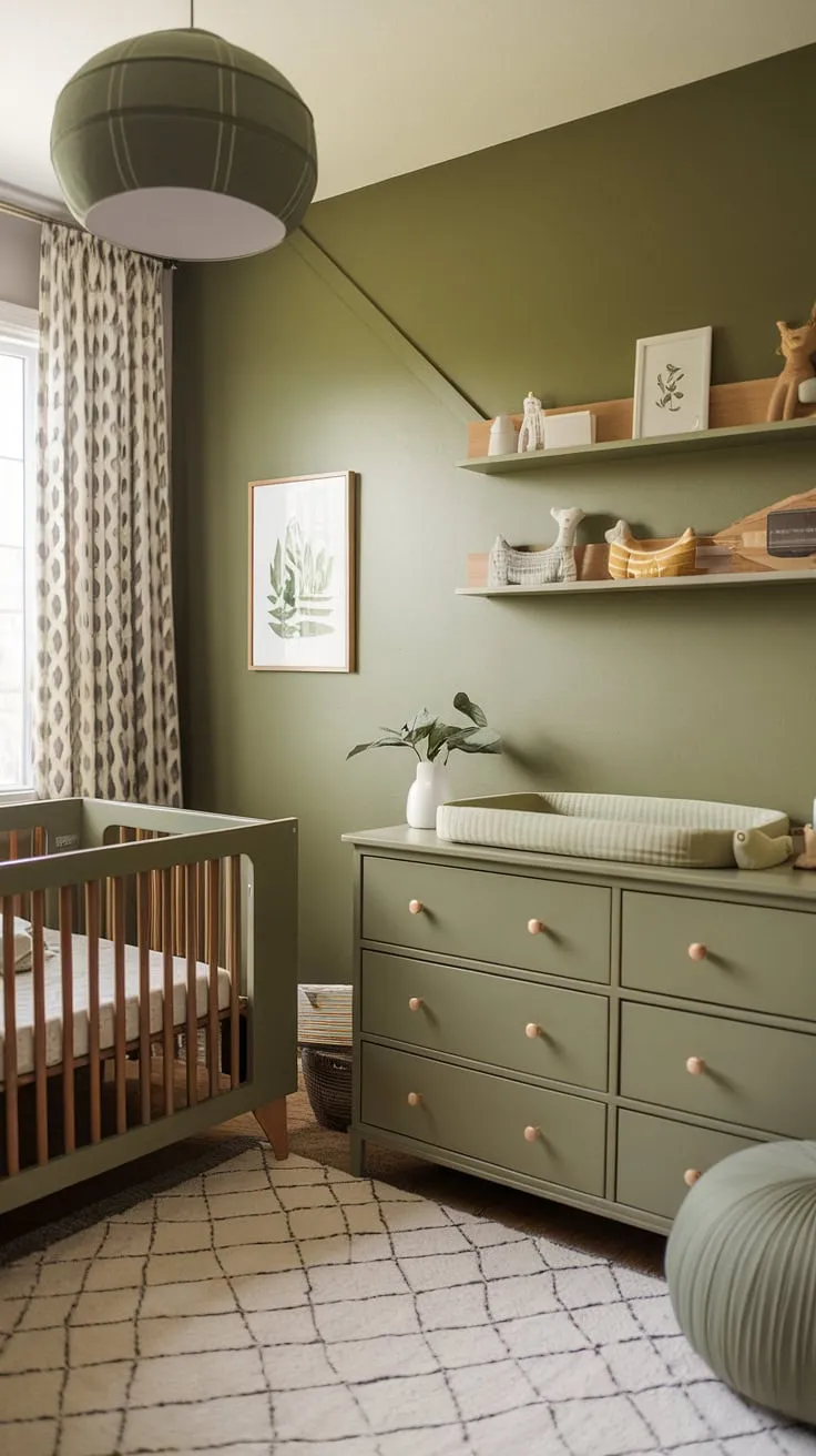 The sage green kids bedroom showcases olive green nursery furniture and a vibrant green accent wall, making it an ideal space for a baby boy's nursery.