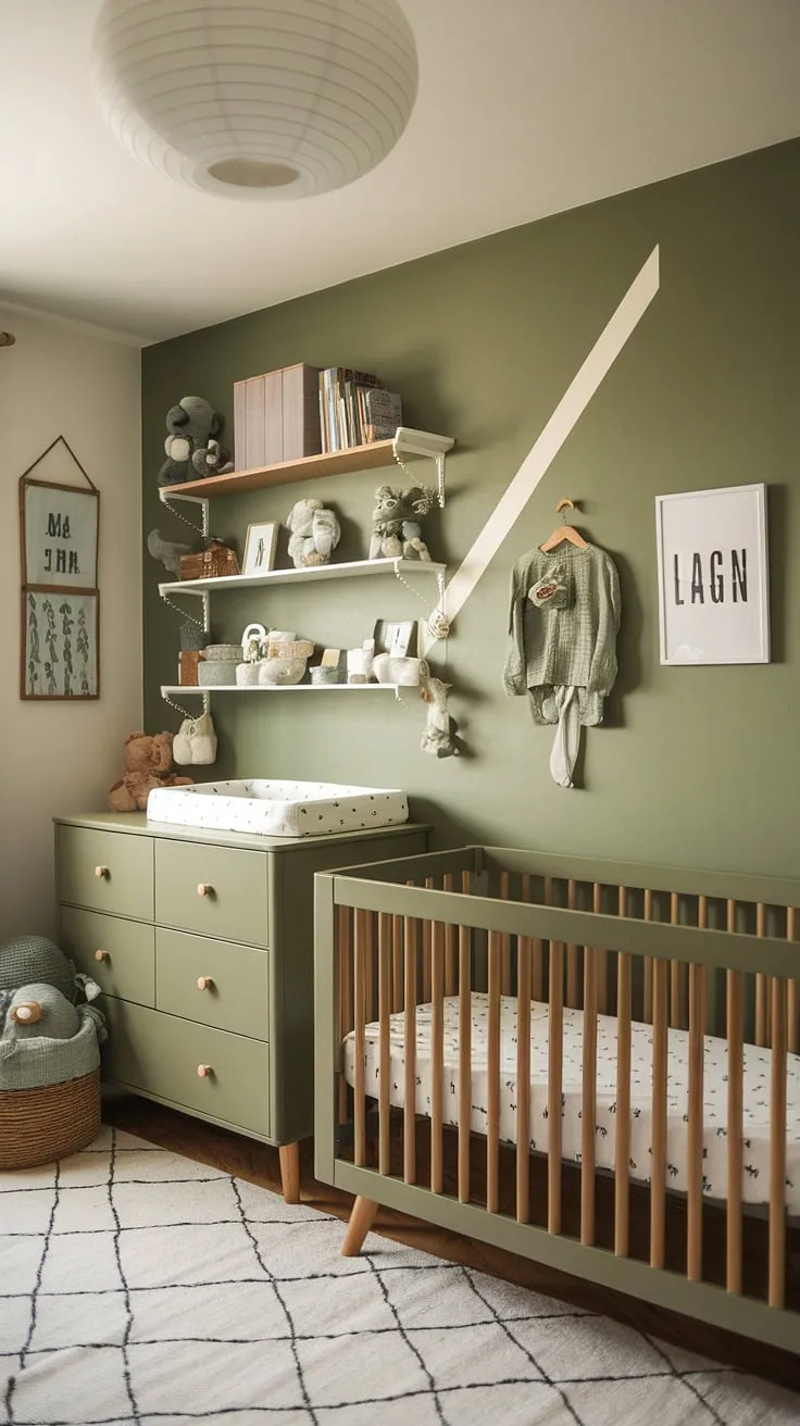 The sage green baby nursery showcases olive green furniture and a vibrant accent wall, creating a perfect environment for a baby boy's bedroom.