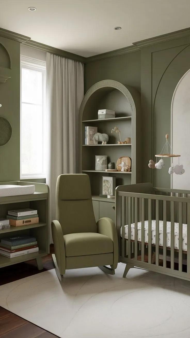 Create a welcoming sage green baby nursery with olive green furniture, a green accent wall, and thoughtful touches for a delightful newborn bedroom idea.