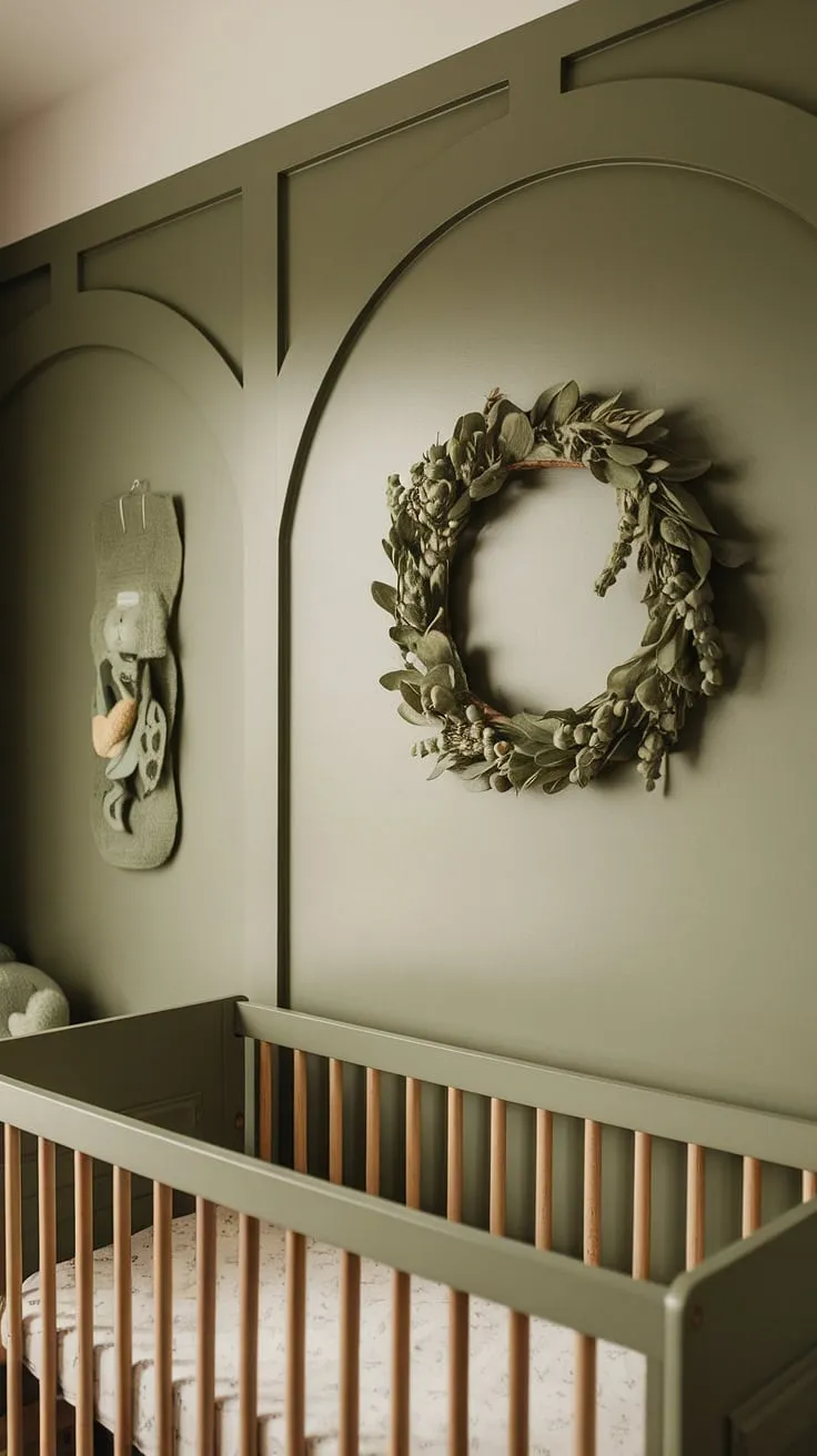 With a soothing palette of sage green and olive green nursery furniture, this baby nursery creates a tranquil environment perfect for a boy's room.