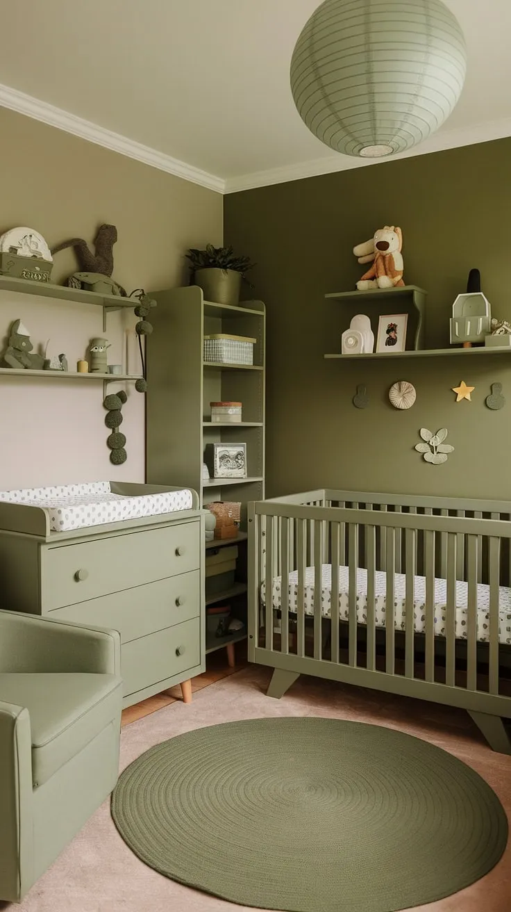 This charming sage green nursery features olive green furniture and a stylish accent wall, creating the perfect backdrop for a baby nursery for boys with delightful green decor.