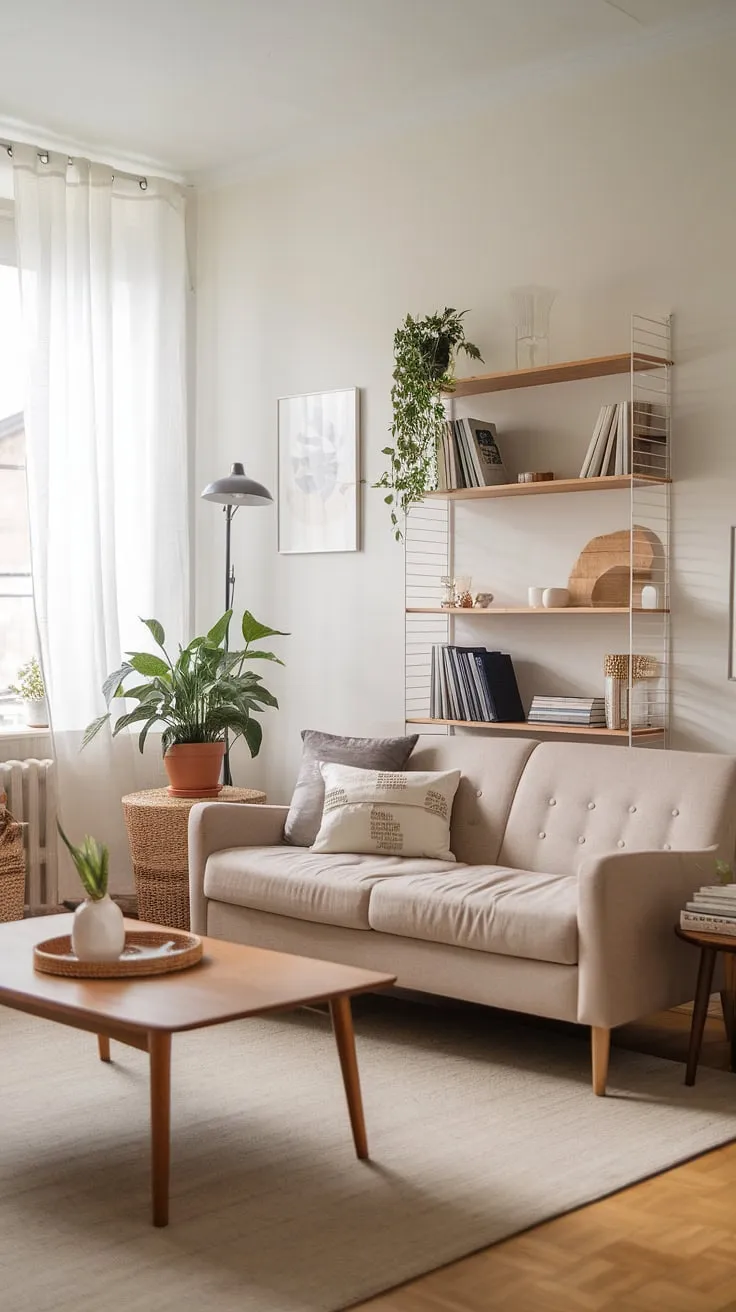 Sunlight streams into this serene Scandinavian living room, illuminating the inviting reading nook and highlighting the simple elegance of the space. The neutral color scheme, punctuated by natural textures and a touch of greenery, fosters a sense of peace and tranquility. A truly inspiring space for relaxation and rejuvenation.