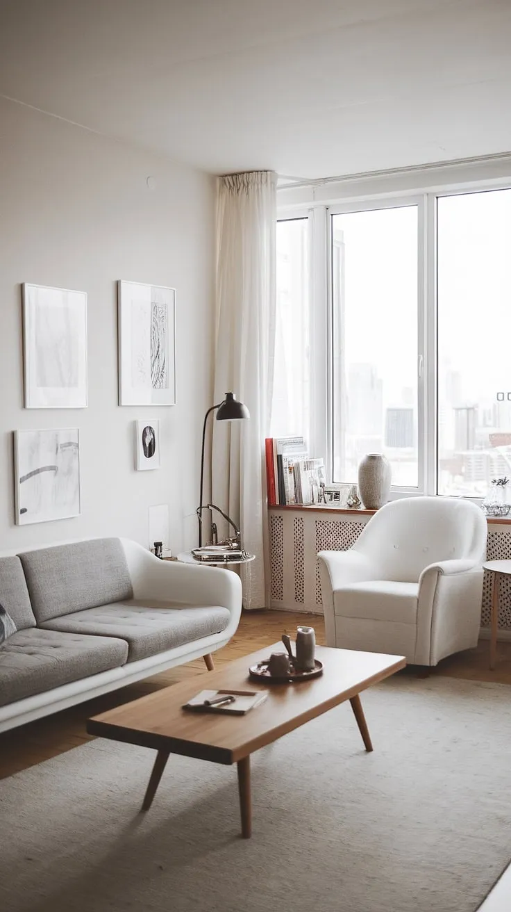 Sunlight streams through the large window, illuminating the minimalist Scandinavian living room. The white sofa and armchair, complemented by a grey cushion and wooden coffee table, create a serene atmosphere, perfect for relaxing and enjoying the stunning city view. A dedicated reading corner adds a touch of cozy functionality to this impeccably designed space.