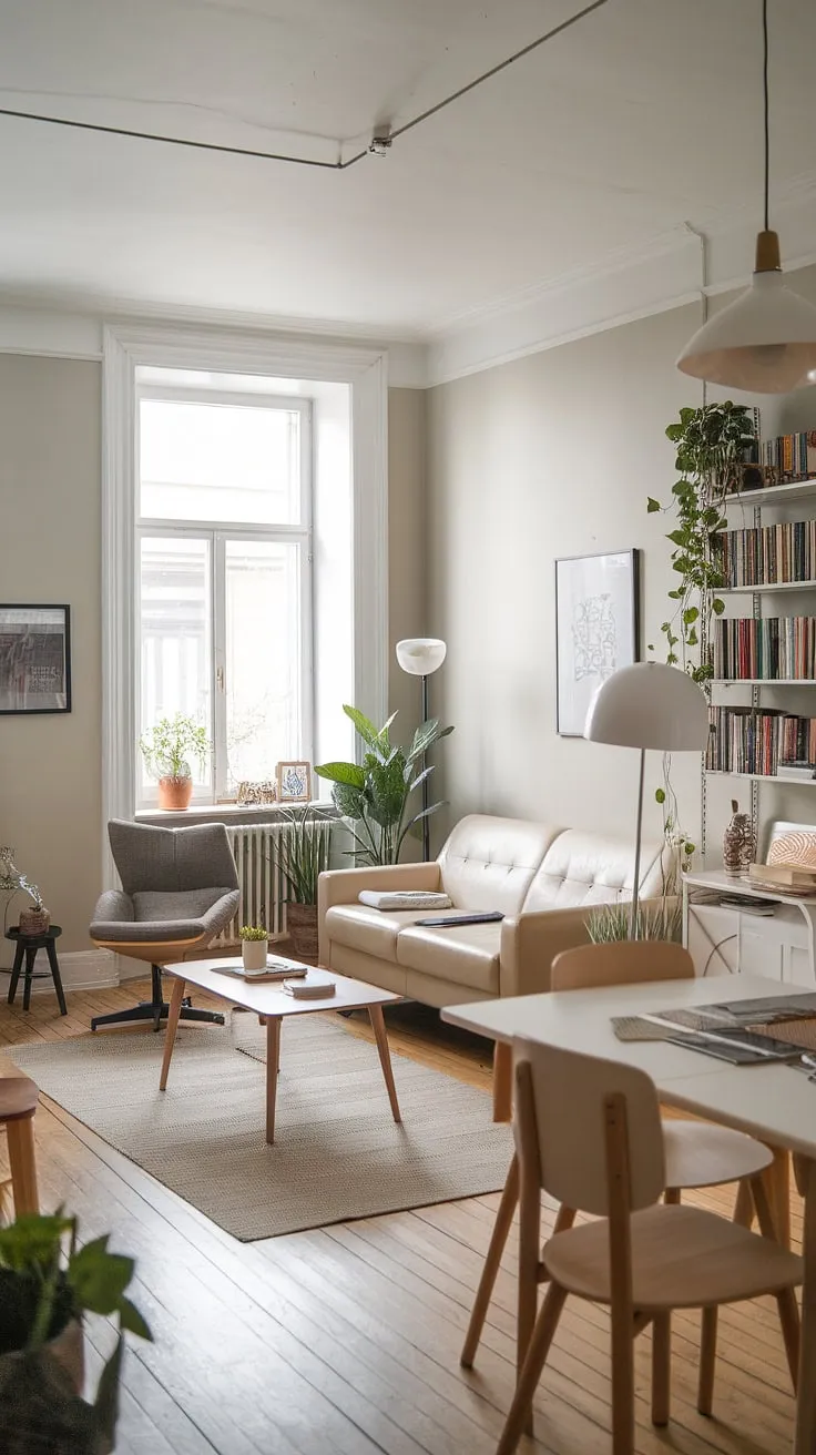 Sunlight streams through the window, illuminating a tranquil reading corner in this minimalist Scandinavian apartment. The neutral palette, natural wood floors, and thoughtfully placed plants contribute to a sense of calm and understated elegance; a space designed for mindful living.