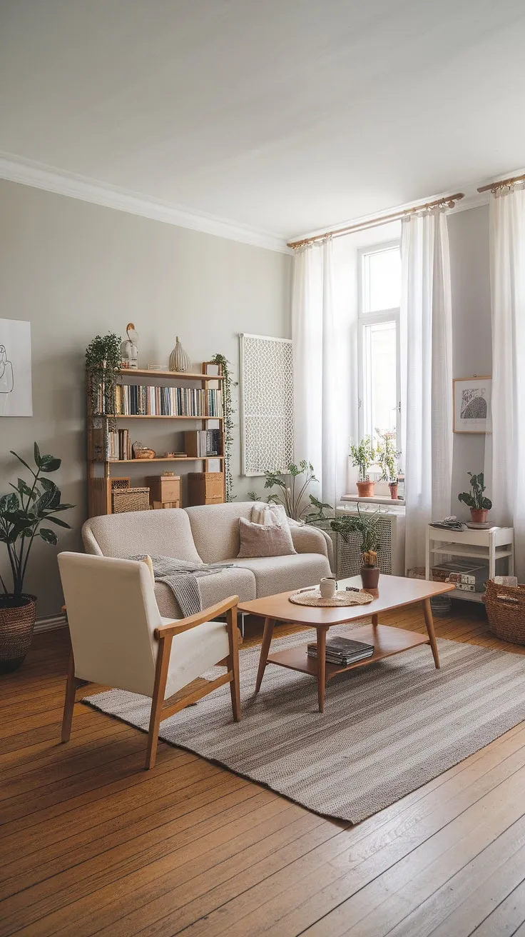Escape the everyday in this tranquil Scandinavian living room. The soft grey walls, light wood flooring, and comfortable seating create a haven of peace and quiet. A dedicated reading corner, complete with a plush chair and nearby bookshelf, beckons you to lose yourself in a captivating story. The simple yet stylish decor adds to the overall sense of serenity and well-being.