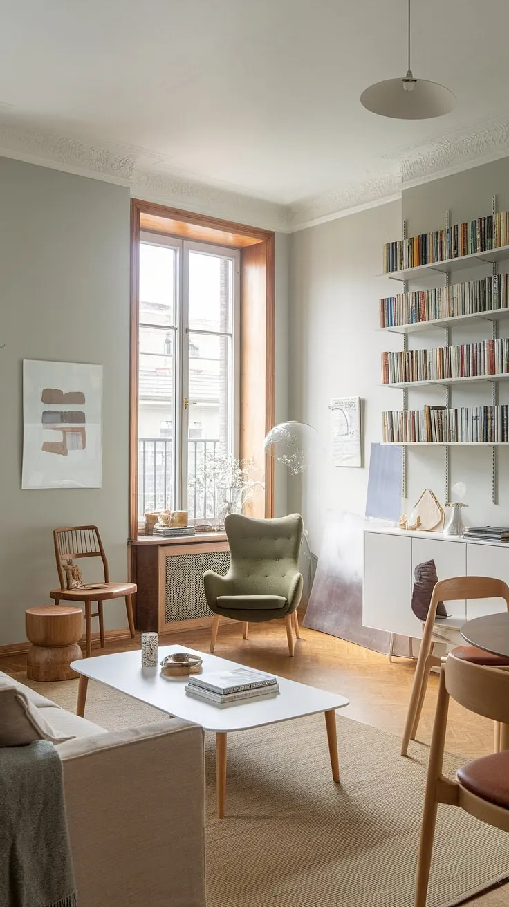 Sunlight streams through the large window, illuminating the calm Scandinavian-style living room. The beige sofa invites relaxation, while the reading nook, complete with a green armchair and a curated bookshelf, offers a quiet escape. A sense of understated elegance permeates the space, showcasing the beauty of simple design and natural light. A perfectly complements the overall aesthetic.