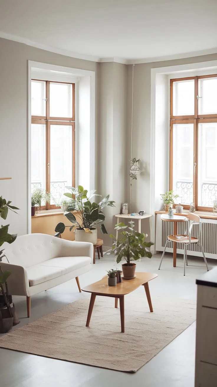 Sunlight streams through the large windows, illuminating the calm Scandinavian simplicity of this apartment. The white sofa, wooden accents, and lush potted plants create a serene and inviting atmosphere, perfect for relaxing after a long day. A quiet reading corner adds a touch of cozy functionality.