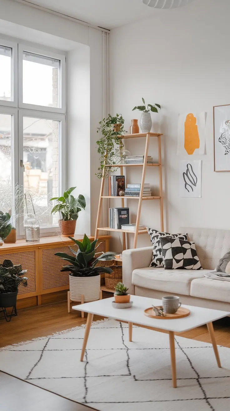 Sunlight streams into this serene Scandinavian living room, illuminating the cozy reading nook and highlighting the minimalist aesthetic. The neutral palette, punctuated by pops of greenery and carefully curated art, creates a space that feels both calming and inviting. A perfect sanctuary for quiet contemplation and unwinding.