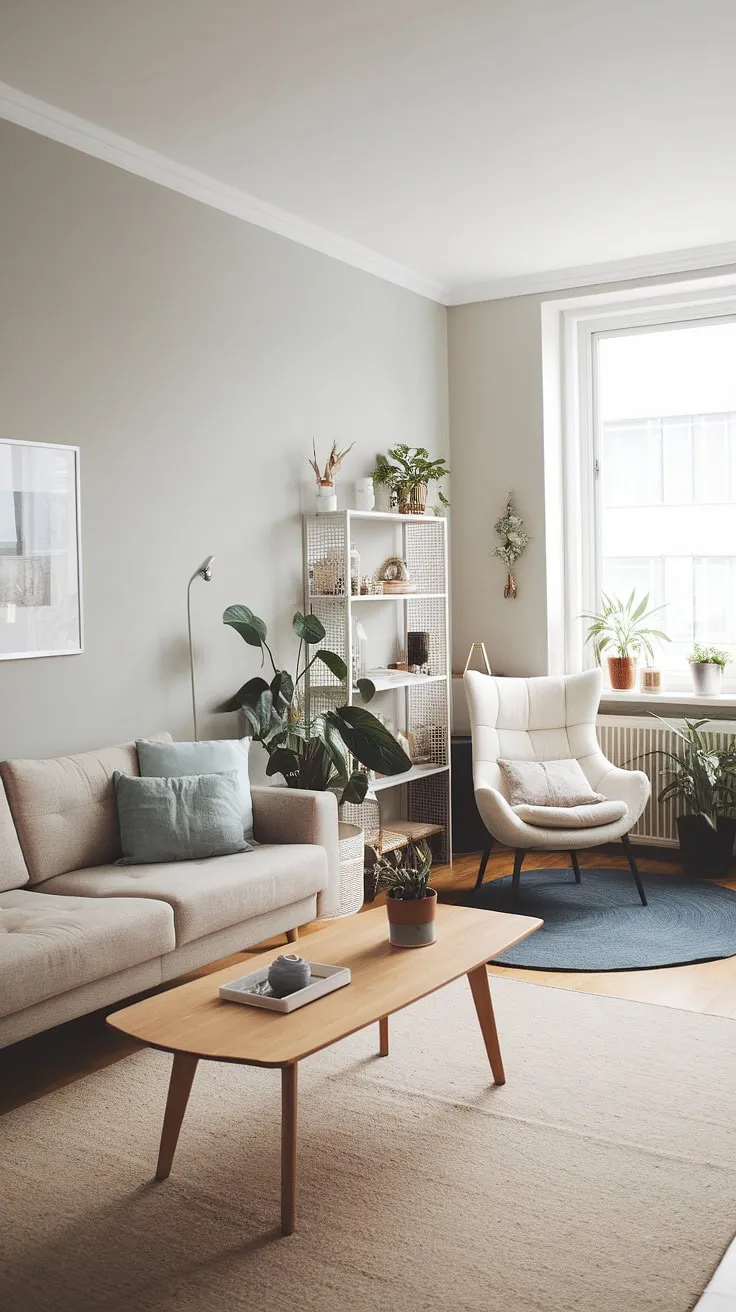 This modern apartment's living room embodies Scandinavian simplicity. The light gray walls and beige sofa provide a tranquil backdrop for the carefully curated details: a wooden coffee table, a comfortable reading nook, and lush potted plants. The overall effect is one of understated elegance and peaceful functionality, a true sanctuary for the soul.