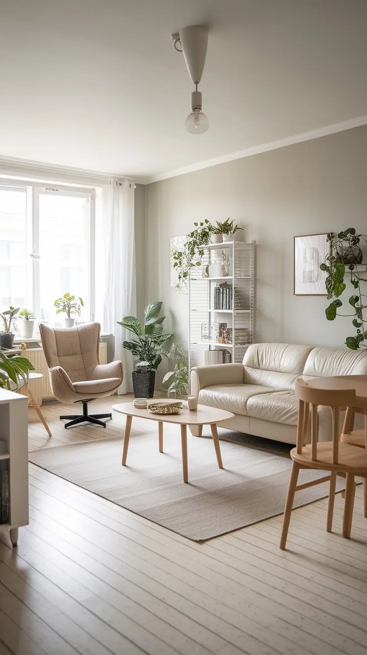 This minimalist Scandinavian living room is a haven of tranquility. The muted gray walls and light wood flooring provide a neutral backdrop for the comfortable seating and curated collection of books. A dedicated reading nook offers a quiet escape, while the overall design emphasizes functionality and understated elegance. A feeling of warmth and welcome fills the space, making it the perfect place to relax and recharge.