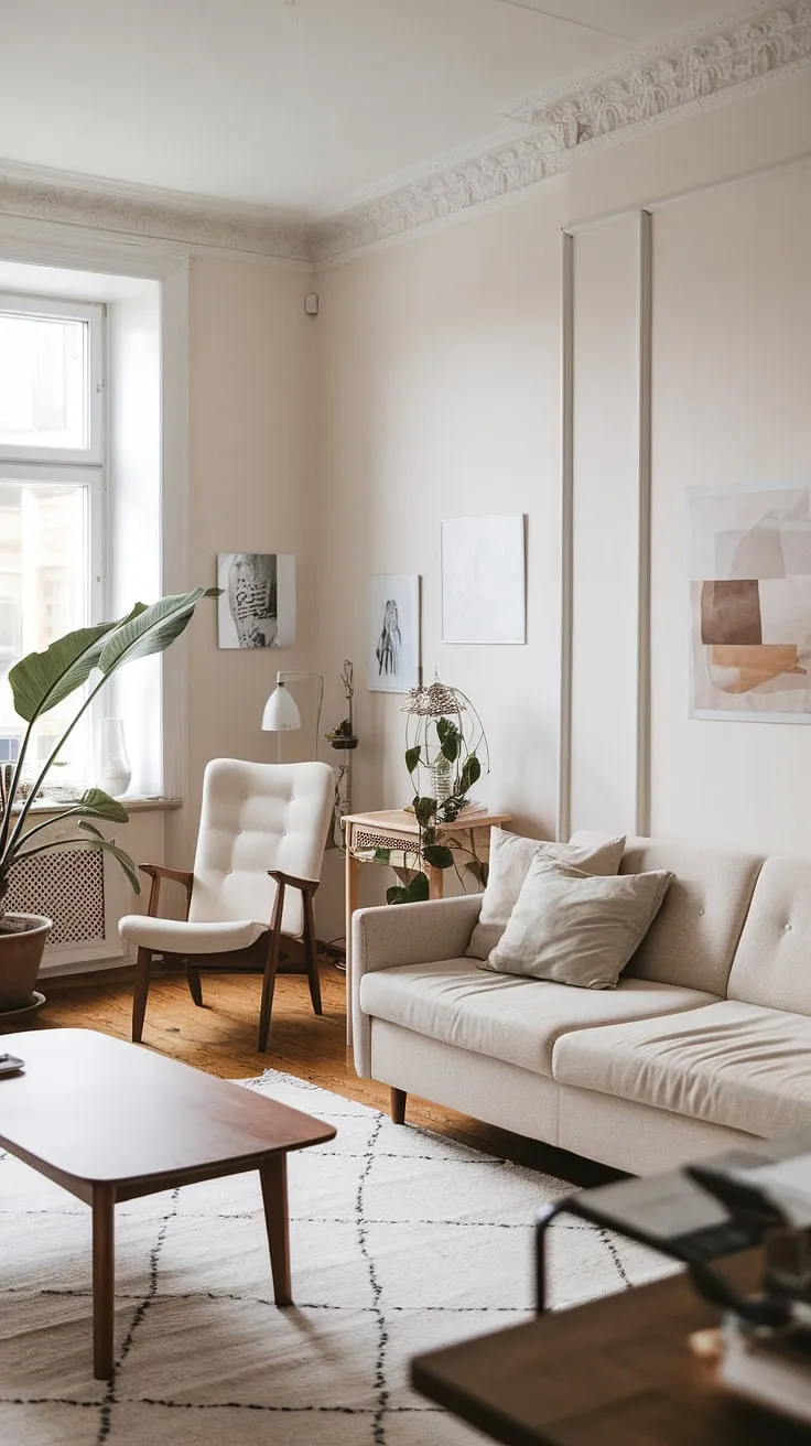 Sunlight streams into this serene Scandinavian living room, illuminating the minimalist design and cozy reading nook. The neutral palette, punctuated by the lush greenery and warm wood tones of the coffee table, creates a space that feels both airy and inviting. A perfect example of understated elegance.