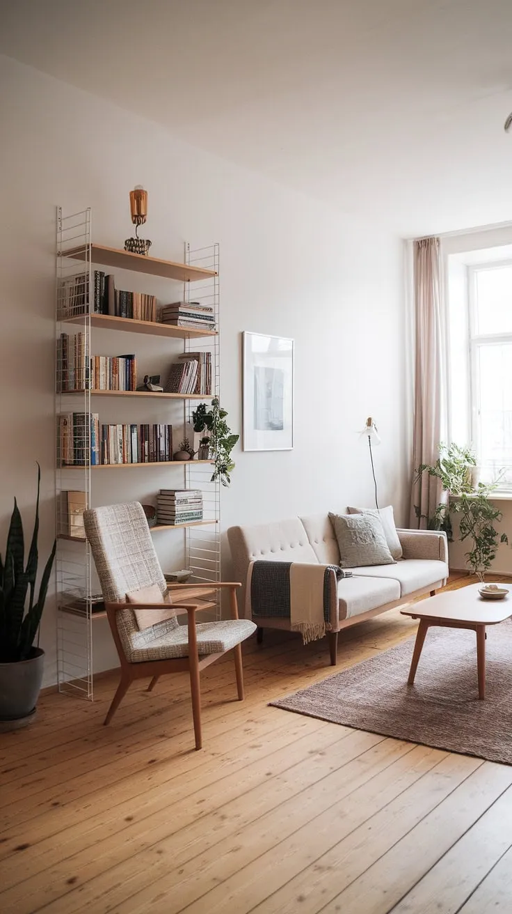 Sunlight streams through the window, illuminating the calm and inviting atmosphere of this Scandinavian-style living room. The minimalist aesthetic, accented by a cozy reading chair and a well-stocked bookshelf, creates a space perfect for relaxation and quiet contemplation. A sense of understated elegance permeates the room, showcasing the beauty of simple design and functionality.