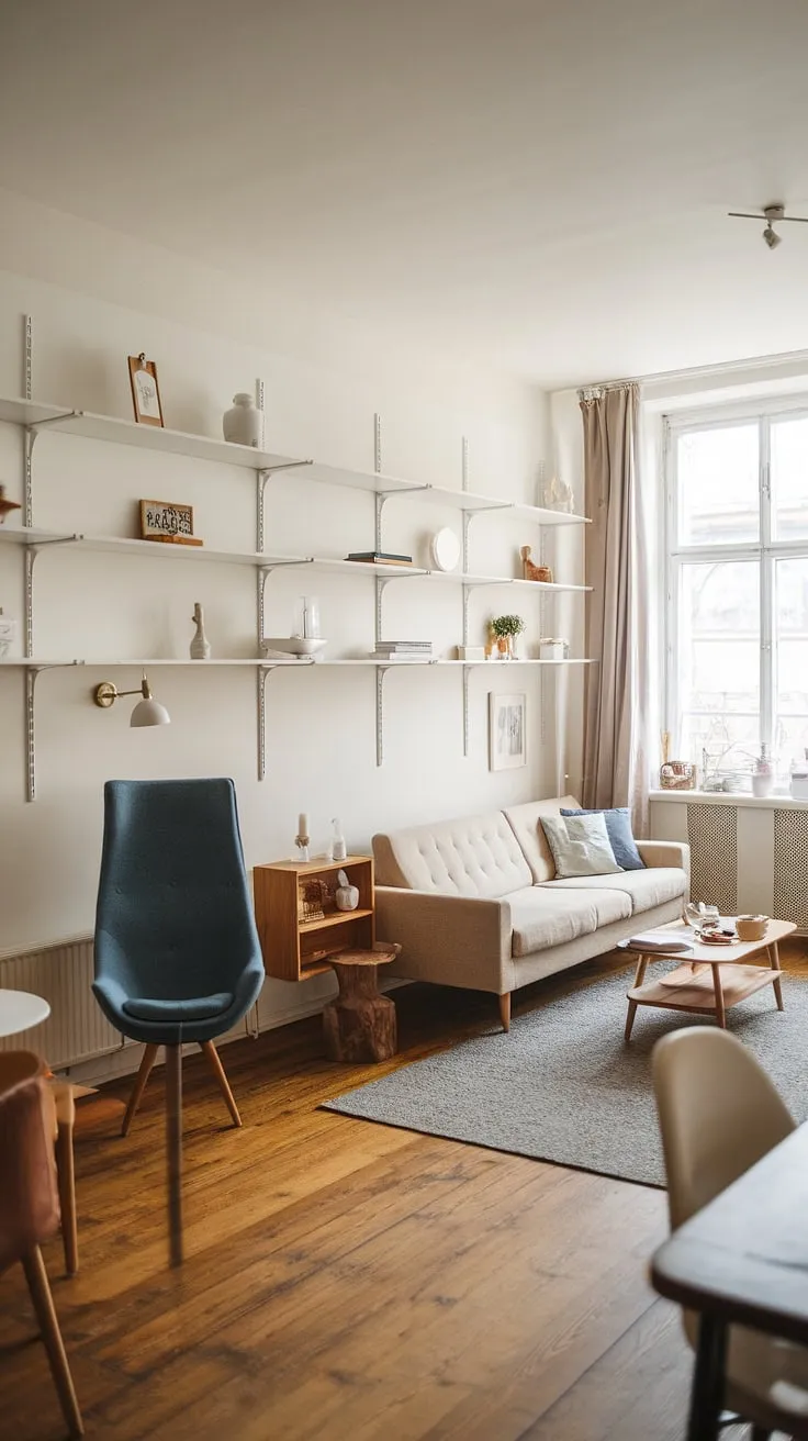Sunlight streams through the window, illuminating the calm and inviting atmosphere of this Scandinavian-style apartment. The neutral color palette, punctuated by the deep blue reading chair, creates a space that feels both cozy and effortlessly chic. A perfect blend of minimalist design and comfortable functionality.