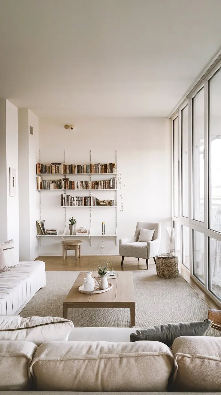 Sunlight streams through floor-to-ceiling windows, illuminating the minimalist elegance of this Scandinavian-style living room. The neutral palette of whites, beiges, and greys creates a sense of calm, while the comfortable seating and dedicated reading nook offer spaces for both relaxation and quiet contemplation. A perfect example of understated luxury.