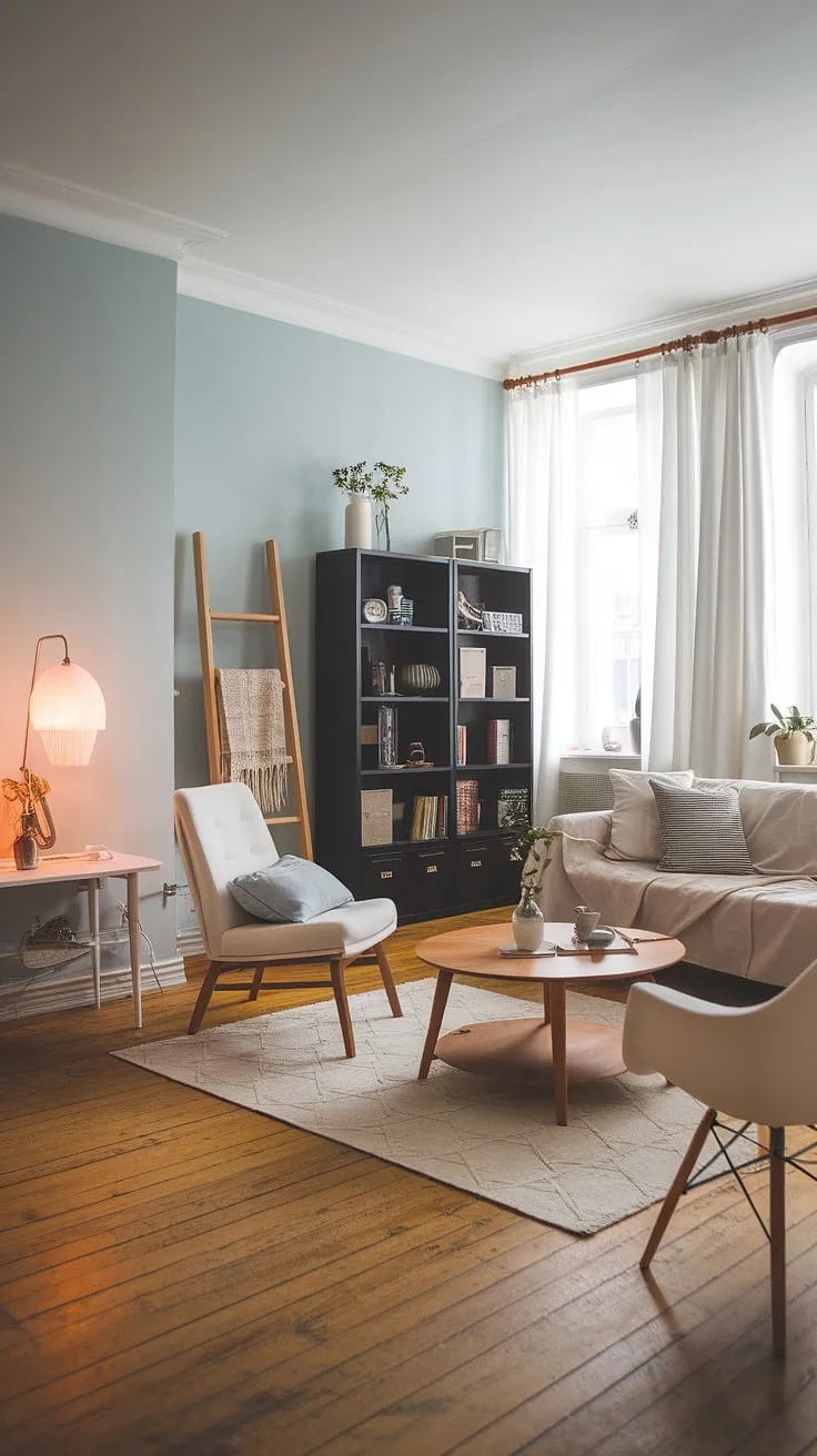 Light blue walls and natural wood create a serene Scandinavian haven in this cozy apartment. The reading nook, complete with a ladder for reaching those hard-to-reach books, adds a touch of playful functionality, while the beige sofa and white chair offer ample space for relaxation. A perfect blend of minimalist design and comfortable living.