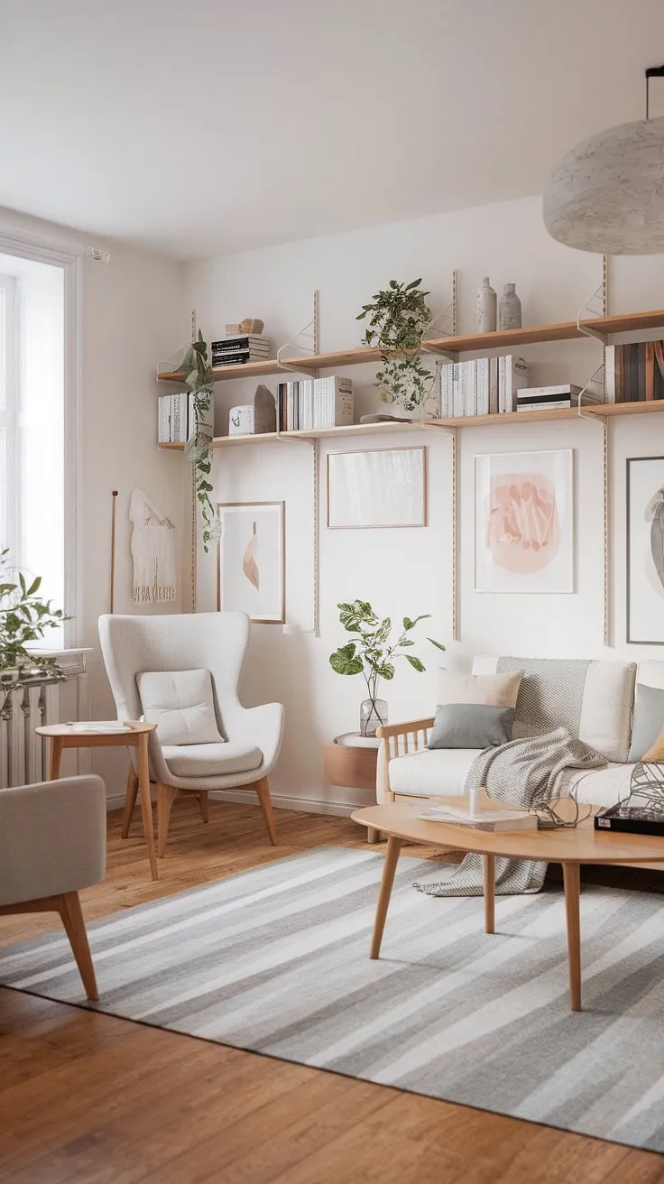 Sunlight streams into this serene Scandinavian living room, highlighting the warm oak floors and the cozy reading nook. The minimalist aesthetic, punctuated by natural wood and soft textiles, creates a haven of calm and understated elegance. A perfect blend of functionality and beauty.