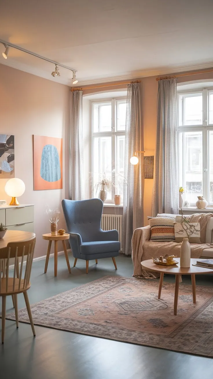 Cozy Scandinavian living, bathed in warm light and punctuated by pops of blue and orange. The perfect spot to curl up with a good book in the inviting reading nook, complete with a plush armchair and a side table perfect for a cup of tea.