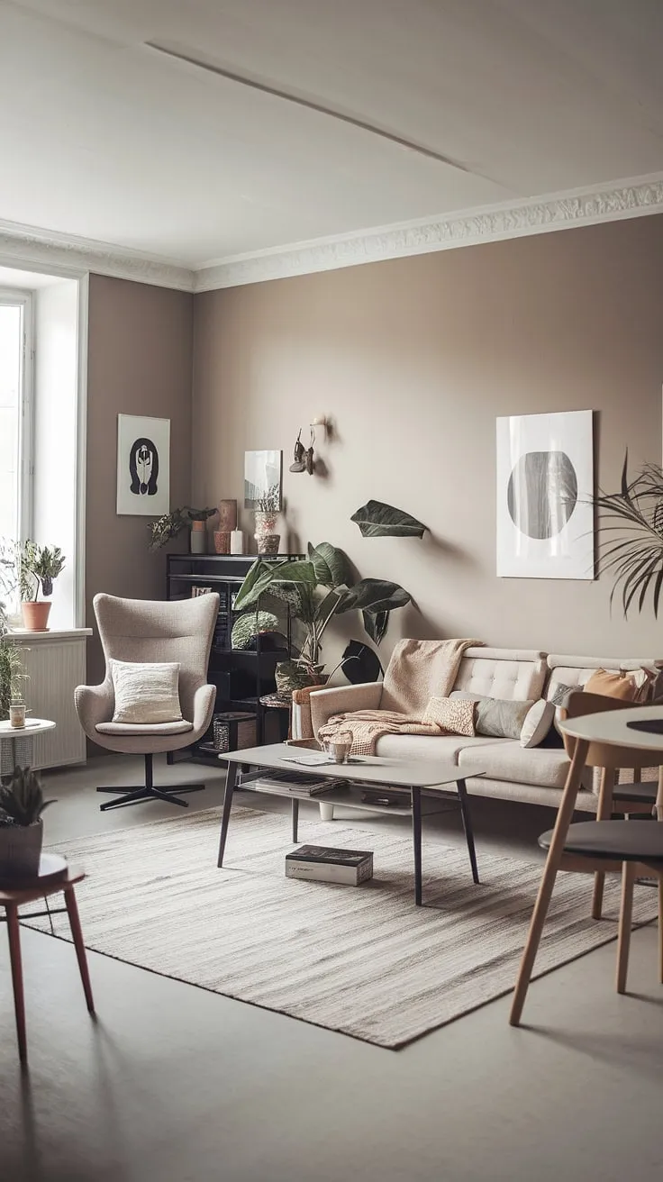 Sunlight streams through the large windows, illuminating the calm and inviting atmosphere of this Scandinavian-style living room. The muted beige, grey, and white palette, accented with pops of greenery, creates a serene space perfect for relaxation and quiet contemplation. A comfortable reading nook beckons with the promise of a good book and a warm cup of tea. This is a sanctuary of understated elegance.