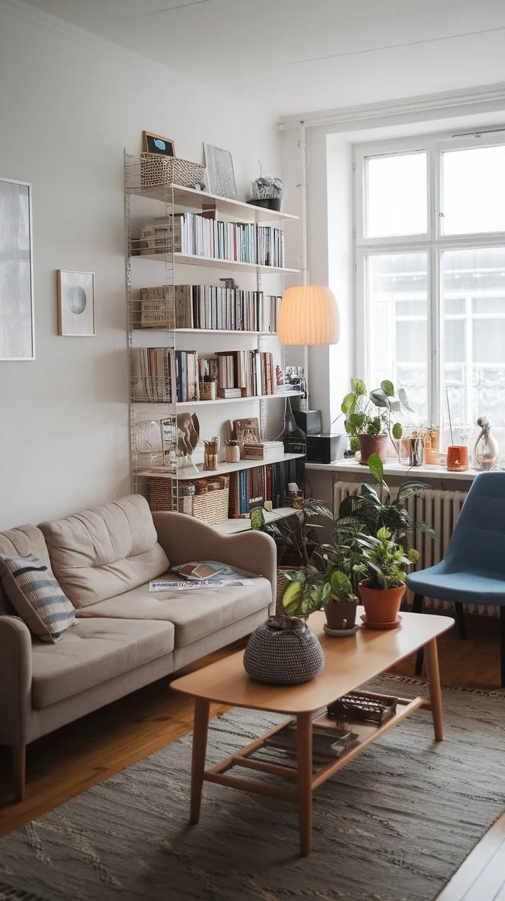 Sunlight streams into this cozy Scandinavian-style apartment, illuminating the warm beige sofa and the vibrant blue accent chair. The wooden coffee table, adorned with plants and a woven basket, adds a touch of natural texture, while the well-stocked bookshelf near the window speaks to a life rich in stories and experiences. A sense of calm and understated elegance pervades the space.