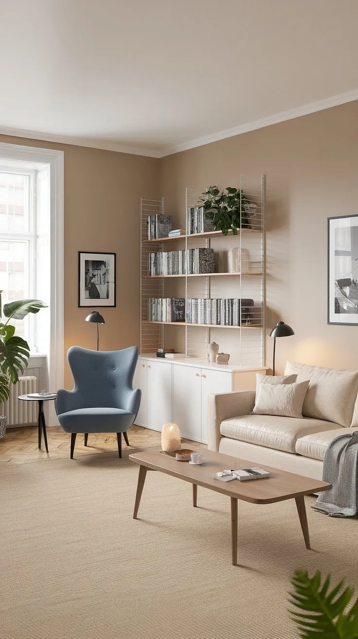 Escape the everyday in this tranquil Scandinavian apartment. The soft lighting, comfortable seating, and thoughtfully curated details-from the minimalist bookshelf to the inviting reading corner-combine to create a sanctuary of peace and tranquility. A true embodiment of hygge.