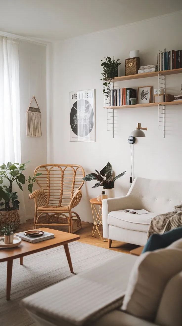 Cozy Scandinavian sanctuary. The perfect blend of minimalist design and comfortable living, this space invites relaxation and quiet contemplation. A reading nook bathed in natural light, a plush sofa for lounging, and carefully curated details create a haven of calm. A testament to the beauty of simple living.