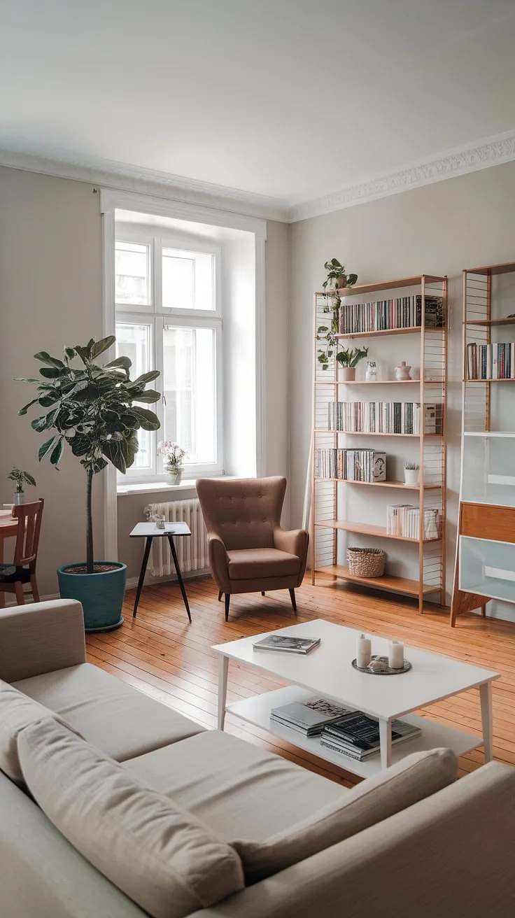 Sunlight streams through the window, illuminating the cozy reading nook in this Scandinavian-inspired living room. The beige sofa, white coffee table, and wooden bookshelf create a calming atmosphere, perfect for unwinding with a good book. A ficus tree adds a touch of nature, while the armchair offers a quiet spot to escape the day. This apartment is a testament to minimalist design and comfortable living.