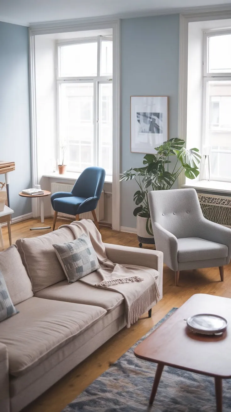 Sunlight streams into this serene Scandinavian-style apartment, illuminating the calming light blue walls and cozy textures. The beige sofa, inviting armchair, and thoughtfully placed wooden coffee table create a perfect space for relaxation and conversation. A quiet reading corner by the window, complete with a comfortable blue chair, offers a peaceful escape. A sense of calm and understated elegance permeates every detail.