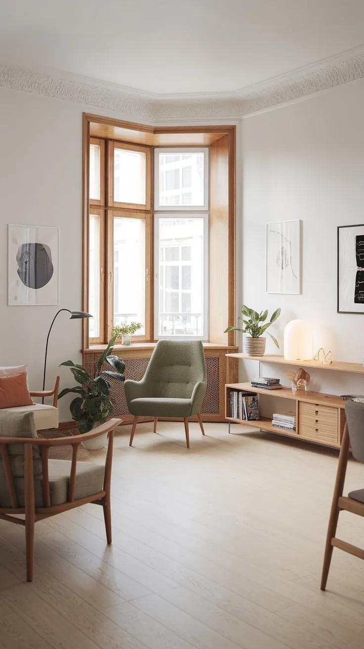 This modern apartment boasts a beautifully appointed Scandinavian living room. The light-filled space, featuring clean lines and a neutral color palette, is enhanced by carefully chosen details: a plush sofa, a statement wooden chair, and a thoughtfully arranged reading corner. The overall effect is one of understated elegance and tranquil serenity.