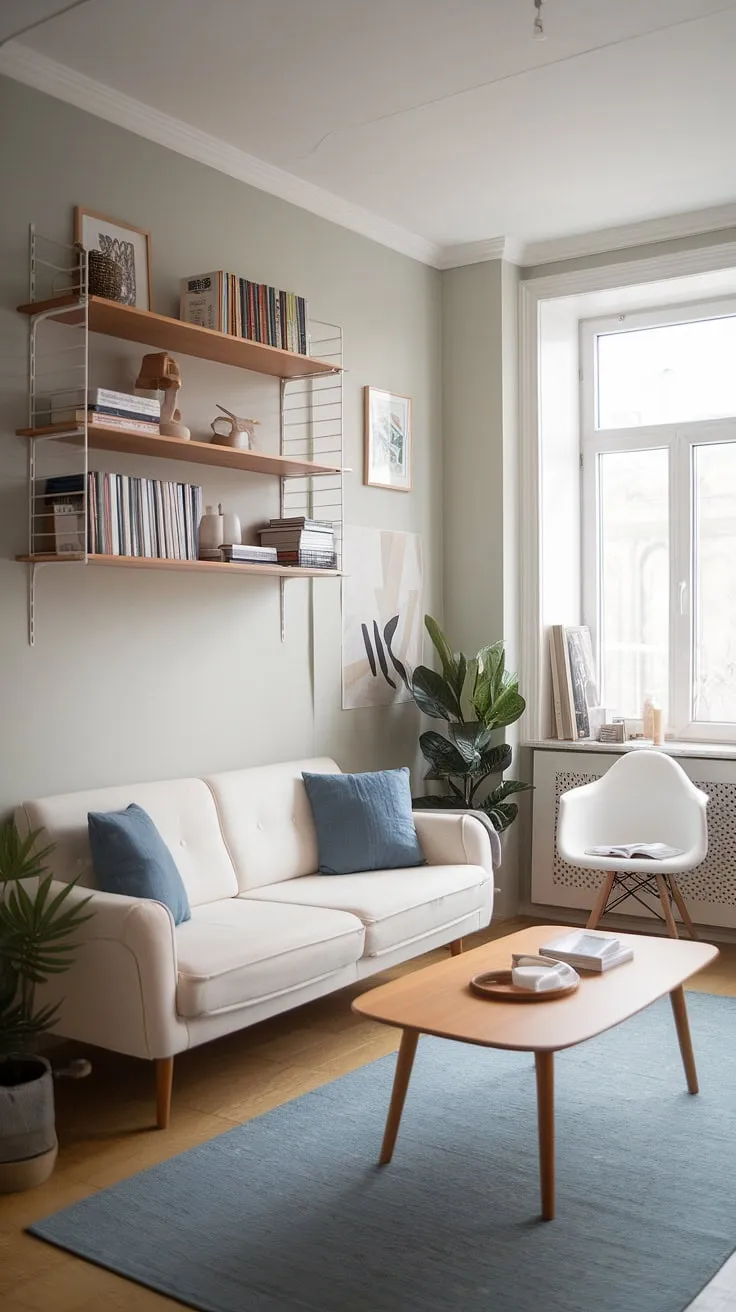 Cozy Scandinavian sanctuary. The soft grey walls, white sofa with pops of blue, and the view from the large window create a calming atmosphere perfect for unwinding after a long day. Natural light streams in, illuminating the wooden shelves and the lush green plant, adding to the overall sense of serenity and a well-being.