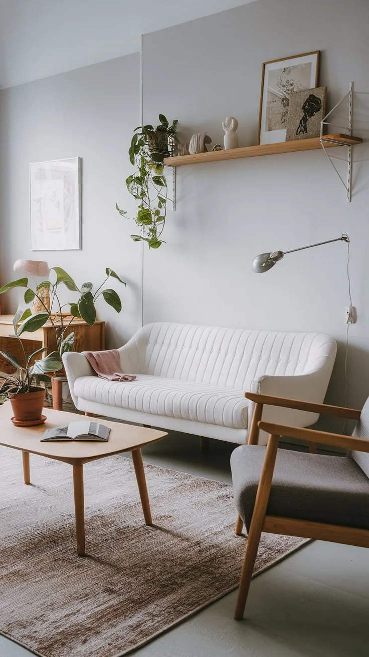 This cozy apartment living room embodies Scandinavian design at its finest. The light gray walls, white sofa, and gray armchair create a calming atmosphere, while the wooden accents and potted plant add warmth and life. A haven of tranquility, perfect for relaxing after a long day.