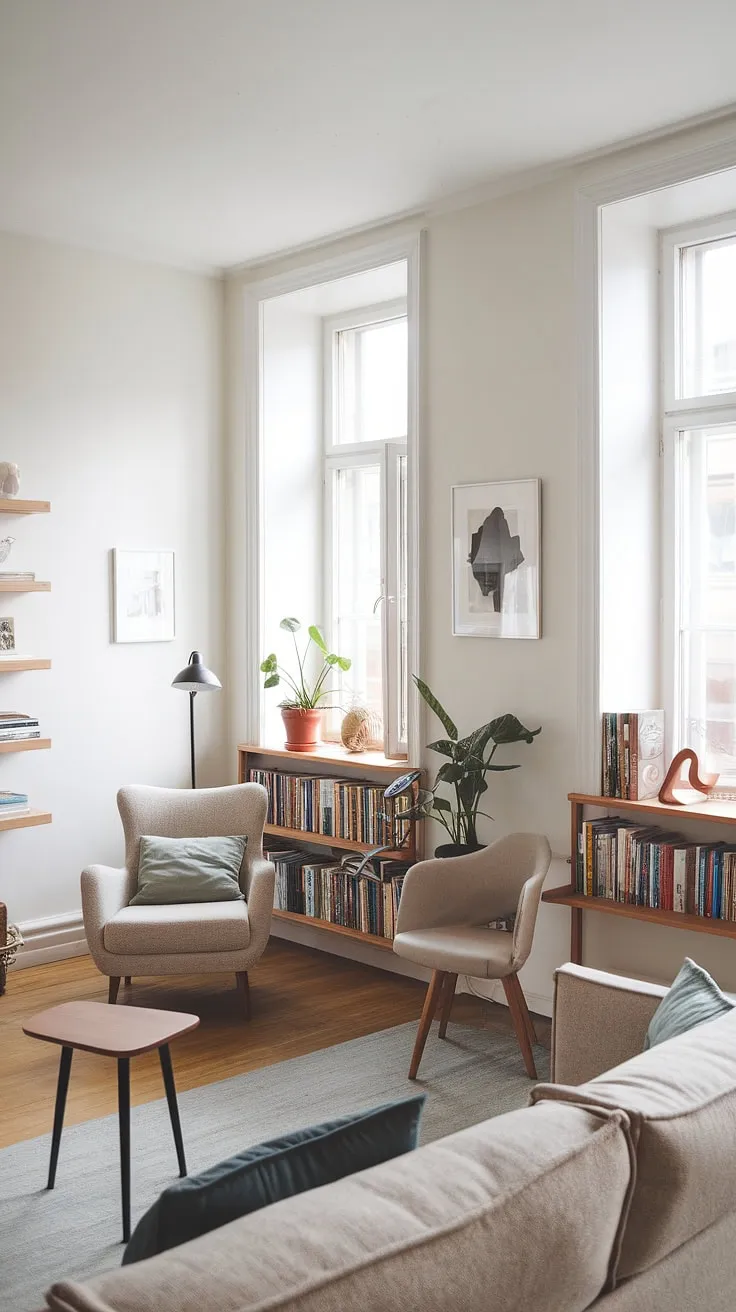 Sunlight streams into this serene Scandinavian-style apartment, illuminating the warm beige sofa and cozy reading nook. The minimalist aesthetic, accented by natural wood and pops of greenery, creates a space that feels both inviting and effortlessly stylish. A perfect blend of comfort and understated elegance.