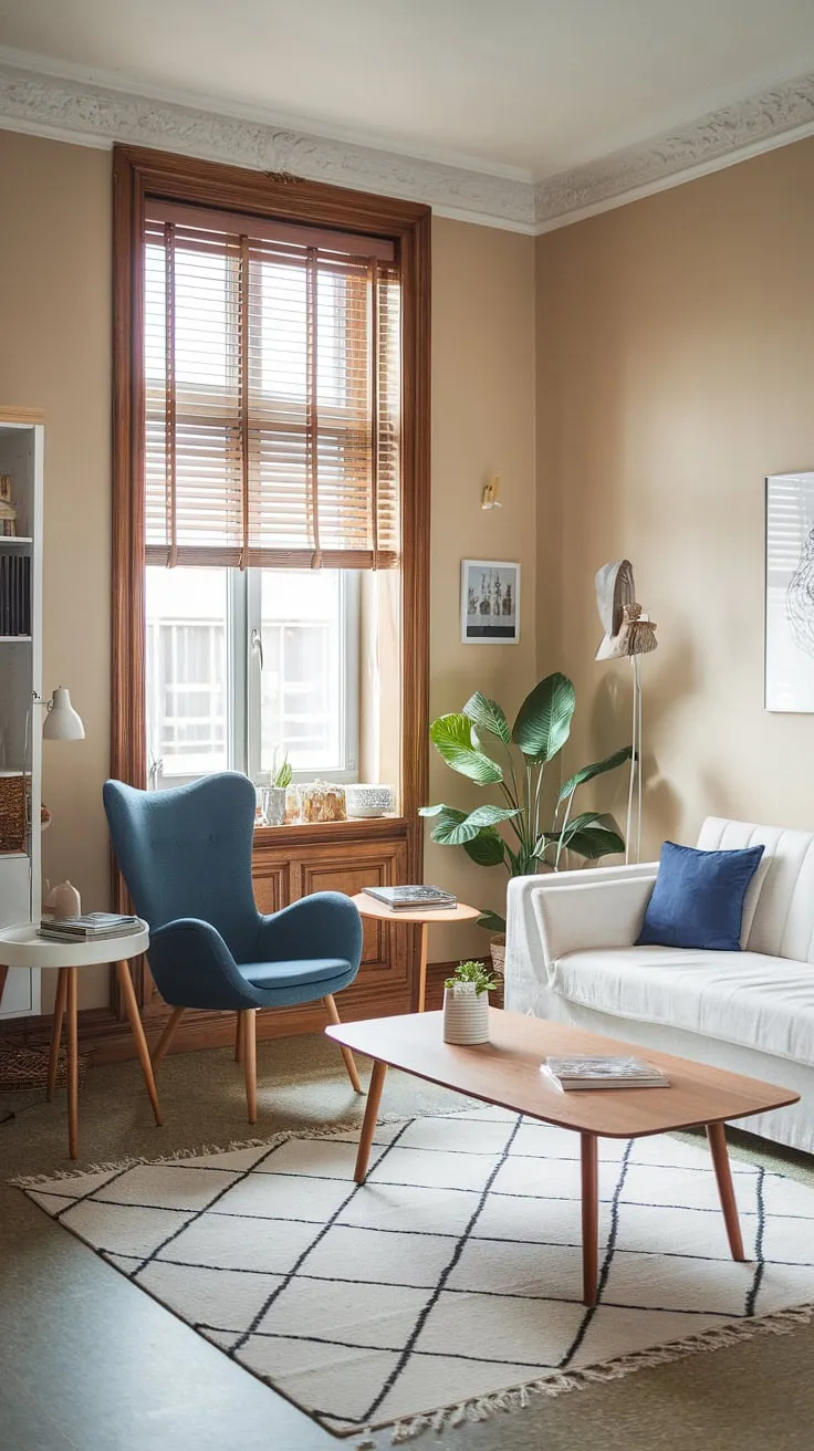 This airy Scandinavian-style apartment is a haven of tranquility. The beige walls, complemented by the natural wood tones of the coffee table and blinds, create a warm and inviting atmosphere. A pop of blue on the sofa and armchair adds a touch of vibrancy, while the green plant brings life to the space. A perfectly curated blend of comfort and style, this apartment embodies the essence of Scandinavian design.