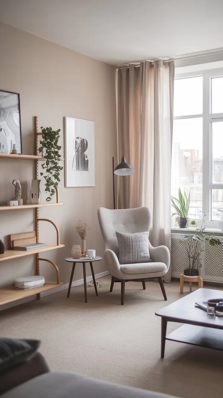 Escape the everyday in this tranquil Scandinavian living room. The calming palette of neutrals, complemented by natural wood and a flourishing plant, fosters a sense of peace and quiet. A comfortable reading nook, bathed in natural light, offers the perfect sanctuary for relaxation and contemplation. The carefully curated artwork adds a touch of personality to this minimalist haven.
