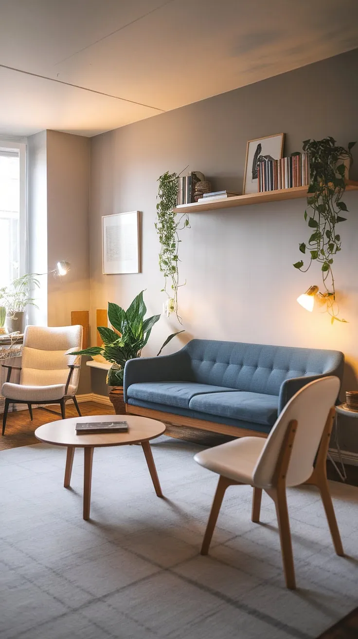 Cozy Scandinavian living, defined by clean lines and a warm ambiance. The blue sofa, wooden accents, and soft lighting create a haven for relaxation, perfectly complemented by a dedicated reading corner. A touch of greenery adds life to this thoughtfully designed space.