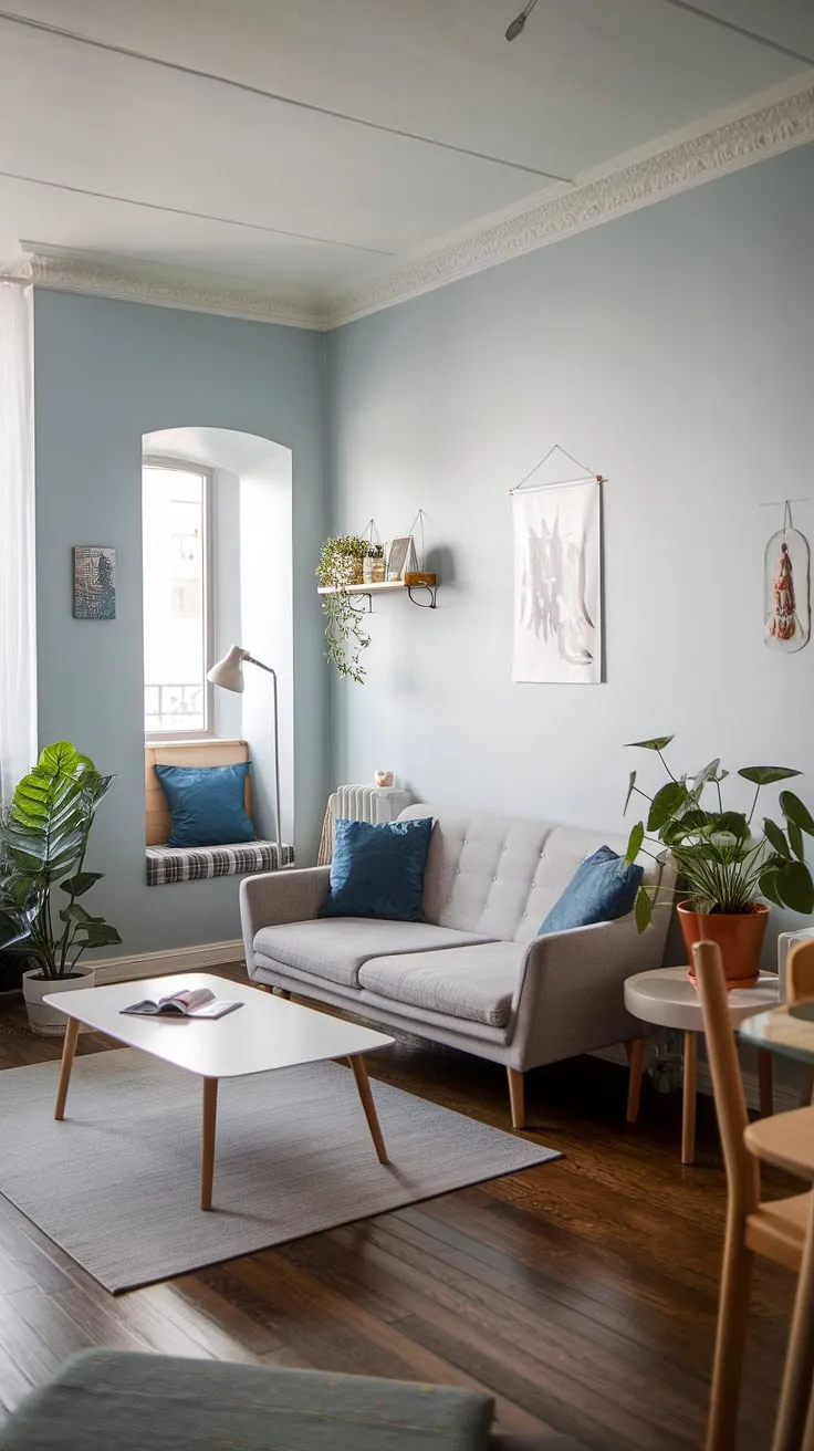 Cozy Scandinavian apartment living, perfectly balanced with light blue walls, a grey sofa, and pops of blue in the cushions. The reading nook, complete with a wooden side table and a warm lamp, offers a quiet escape. A perfect blend of comfort and style.