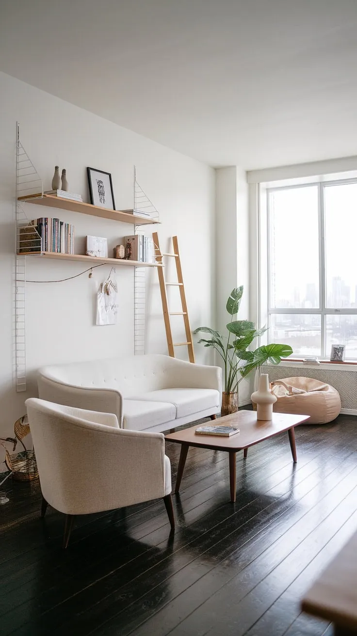 This bright and airy Scandinavian living room boasts a sophisticated simplicity. A white sofa and beige armchair create a comfortable seating area centered around a dark wood coffee table. A thoughtfully designed wall shelf, complete with a wooden ladder and carefully chosen decorative items, adds visual interest. The addition of a reading nook with a bean bag chair near the expansive window, overlooking the city, provides a tranquil escape. The overall effect is one of understated elegance and a feeling of peaceful serenity.