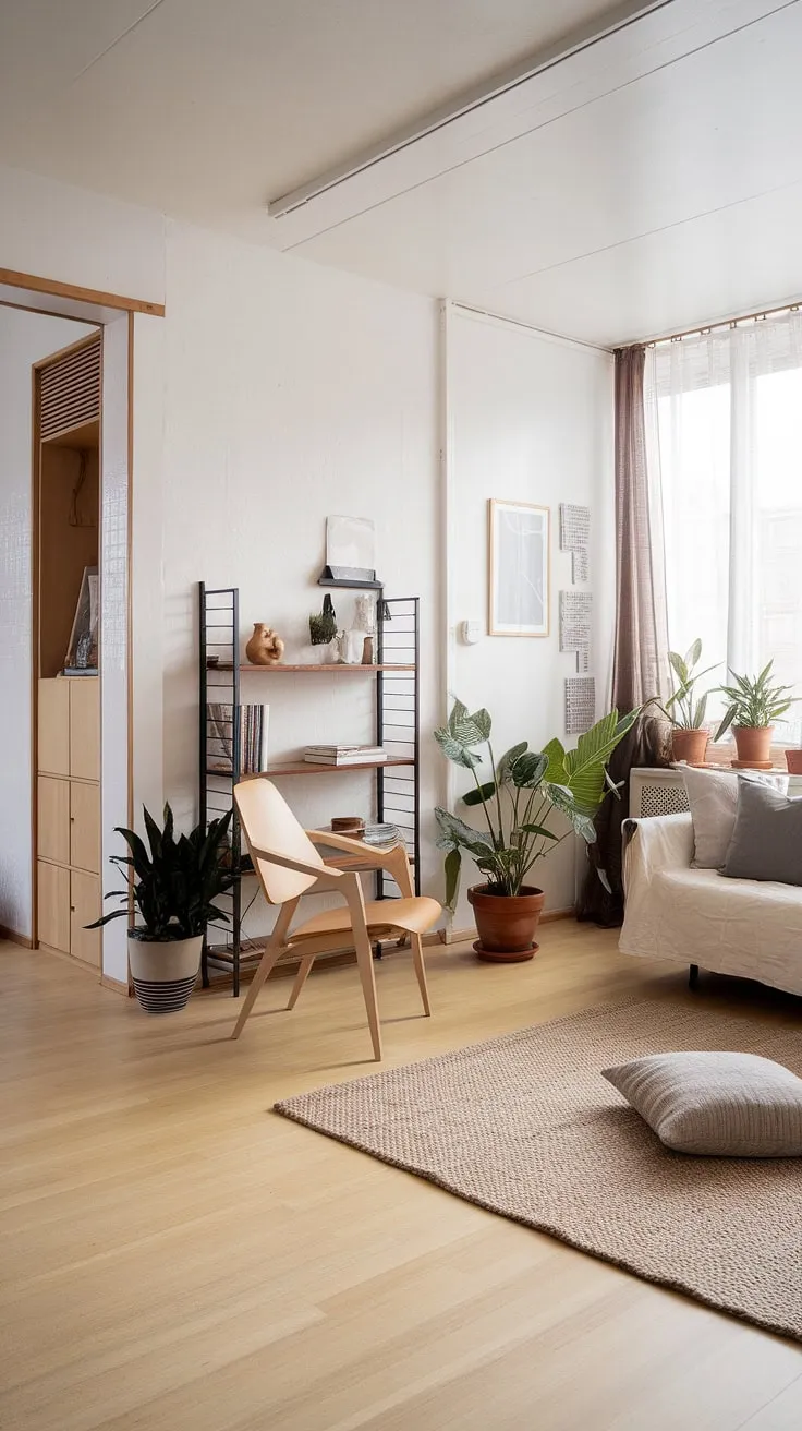 This minimalist apartment effortlessly blends functionality and style. The white sofa, punctuated by grey pillows, offers a comfortable haven, while the beige wool rug a and strategically placed potted plants add warmth and texture. A tall wooden cabinet and black shelving unit a provide practical storage without compromising the clean aesthetic.