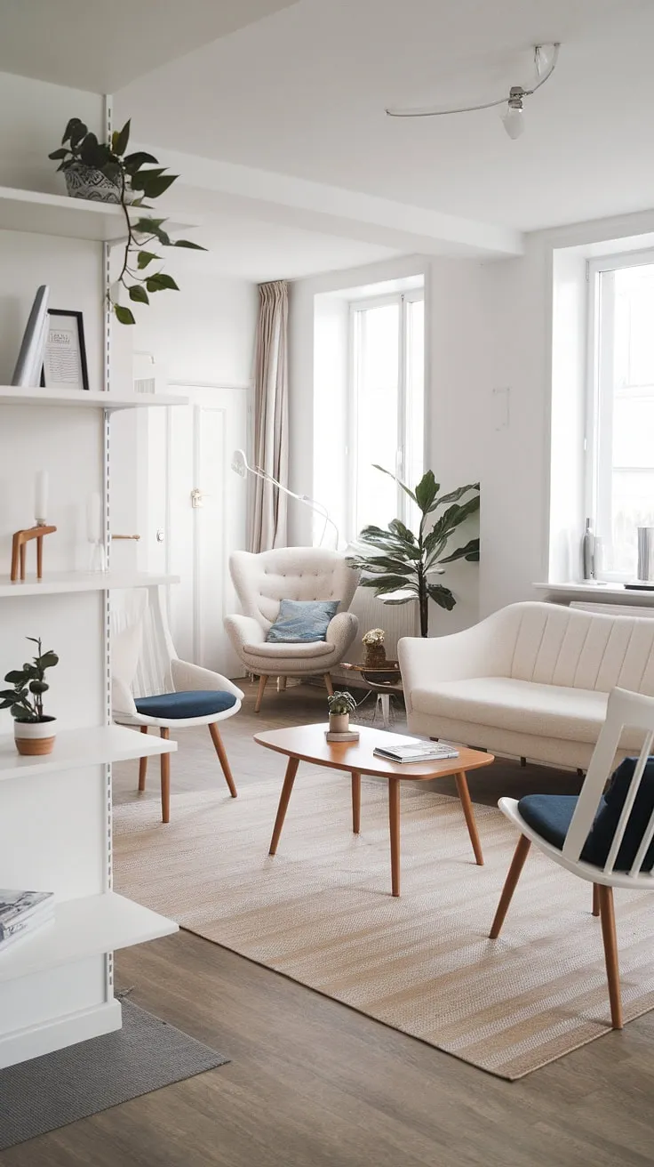Sunlight streams into this serene Scandinavian living room, highlighting the minimalist aesthetic and the calming effect of natural light. The white sofa, wooden accents, and pops of blue create a space that feels both modern and inviting, a perfect sanctuary for relaxation and quiet contemplation. A comfortable reading nook adds to the overall sense of peaceful A.