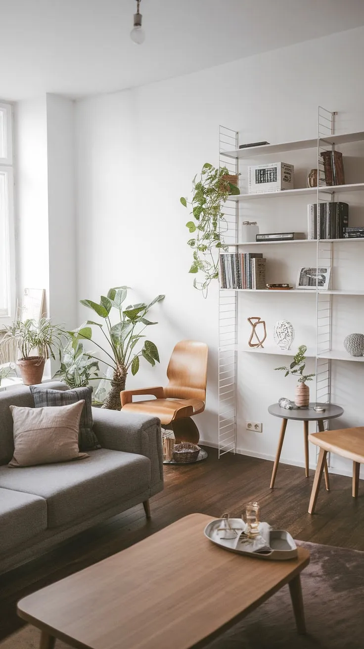 This modern apartment's Scandinavian-inspired living room is a testament to understated elegance. The interplay of gray, wood, and greenery creates a calming atmosphere, perfect for unwinding after a long day. A space designed for comfort and contemplation.