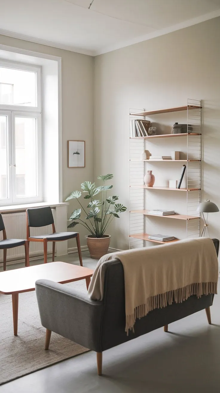 Soft grey walls and natural light define this Scandinavian-inspired apartment living room, where comfort meets minimalist design. A creamy beige throw adds warmth to the sofa, while a potted plant and strategically placed floor lamp bring life and gentle illumination to the space. The overall feeling is one of calm and understated elegance.