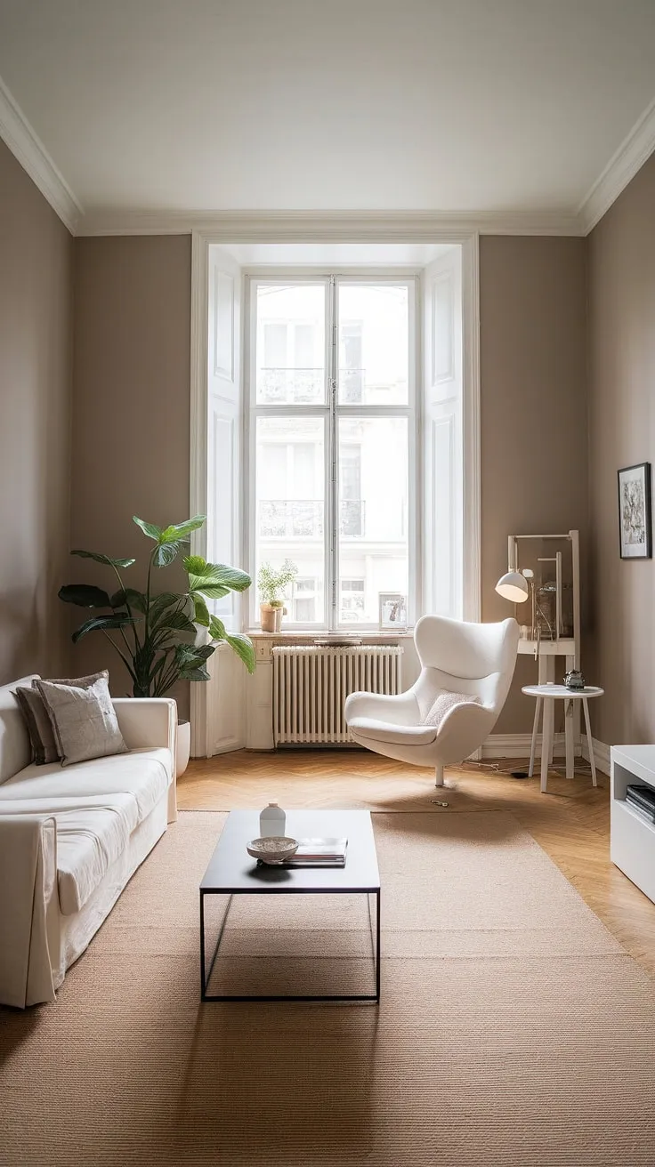 Sunlight streams into this airy Scandinavian apartment, illuminating the minimalist design and creating a calm, inviting atmosphere. The neutral palette, punctuated by pops of green and the cozy reading nook, makes it the perfect space for relaxation and quiet contemplation. A testament to the beauty of simple living.