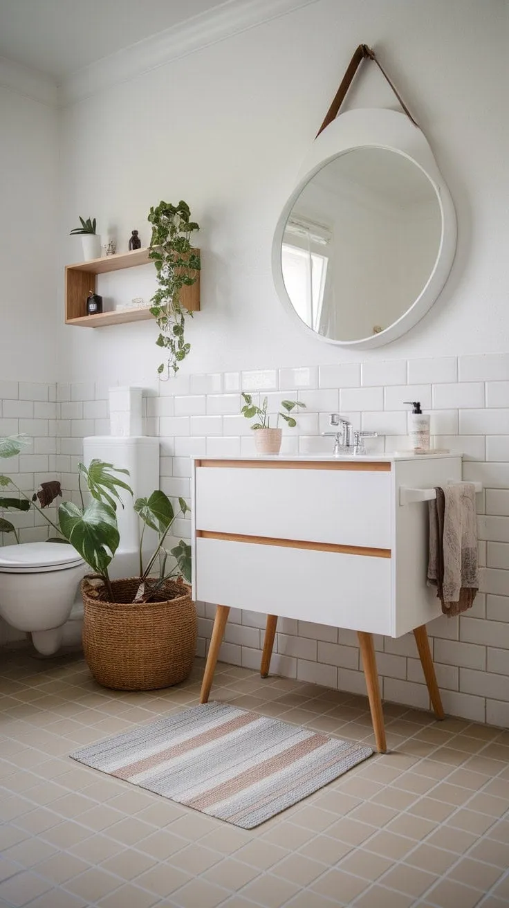 Experience serene elegance in this Japandi bathroom, where natural wood and a crisp white palette harmonize for a tranquil retreat.