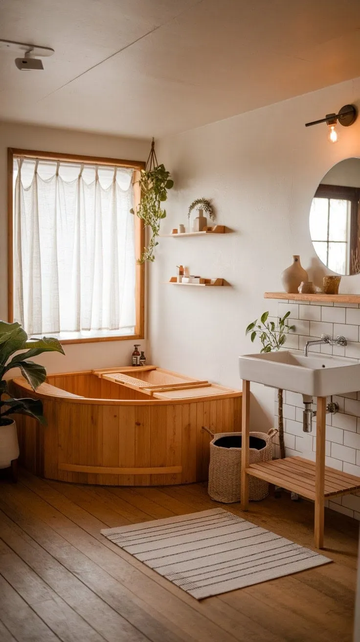 This serene Scandinavian-Japandi bathroom harmoniously blends clean lines and natural materials, creating a tranquil oasis that embodies mindful living.