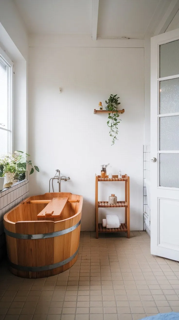 This minimalist bathroom, with its clean lines and natural elements, offers a serene retreat for unwinding, highlighted by a wooden tub that invites relaxation by the window.