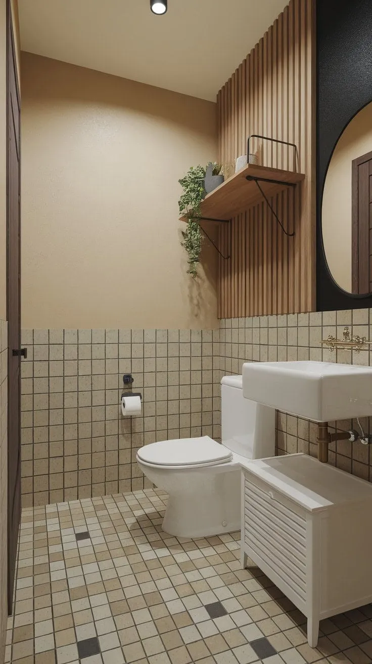 Bathed in natural light, this bathroom elegantly blends Scandinavian and Japandi styles, celebrating simplicity and functionality with its clean lines and rich wooden accents.