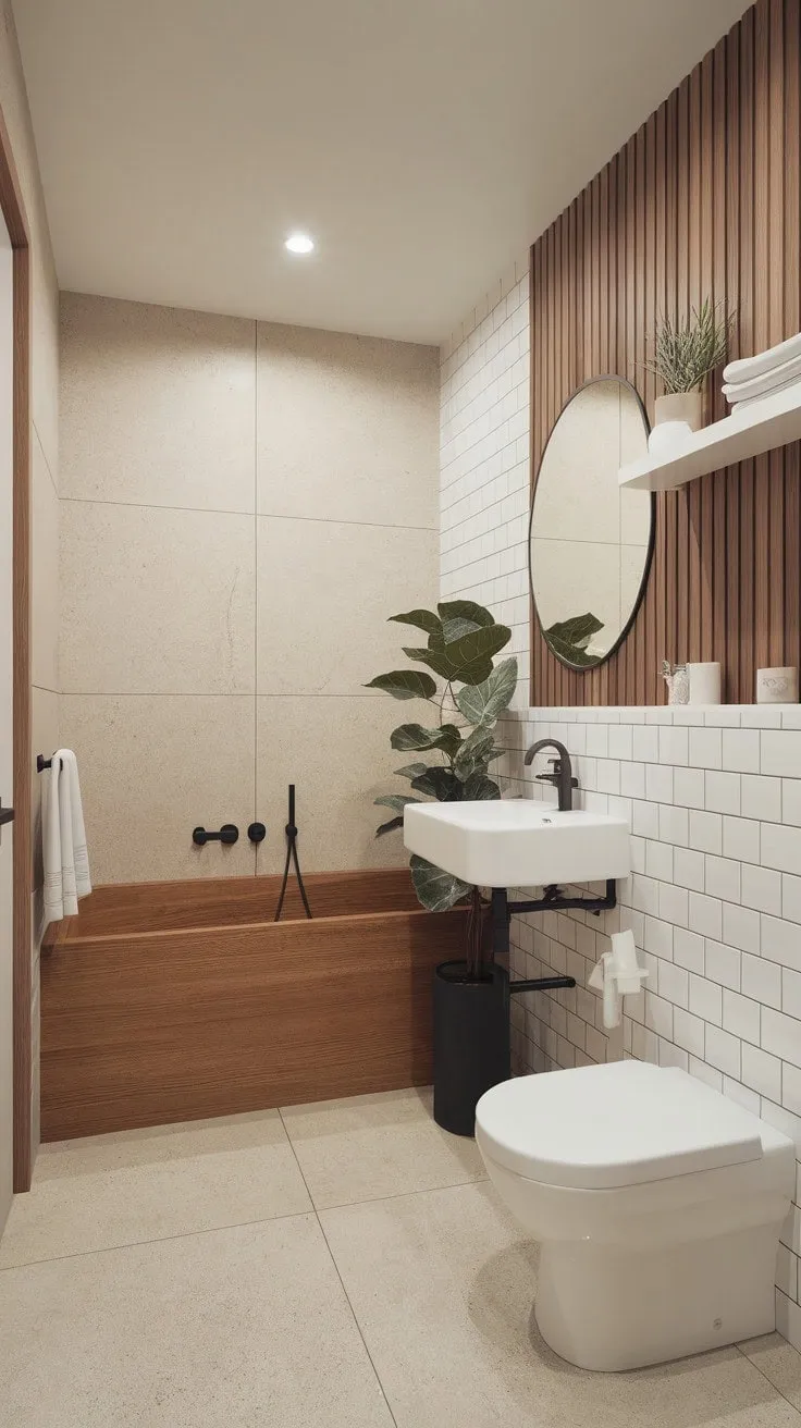 Discover tranquility in this beautifully crafted Scandinavian-Japandi bathroom, where light wood and crisp white create a serene sanctuary for mindful self-care.