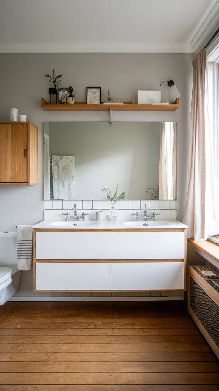 Discover serenity in this beautifully crafted Scandinavian-Japandi bathroom, where a soothing neutral palette and natural materials create a luxurious retreat for self-care and mindfulness.