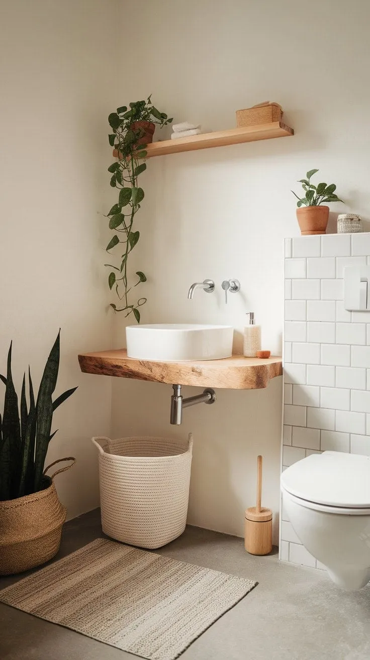 This serene bathroom harmoniously fuses Scandinavian and Japandi styles, featuring clean lines and natural elements that create a tranquil sanctuary enhanced by a simple plant.