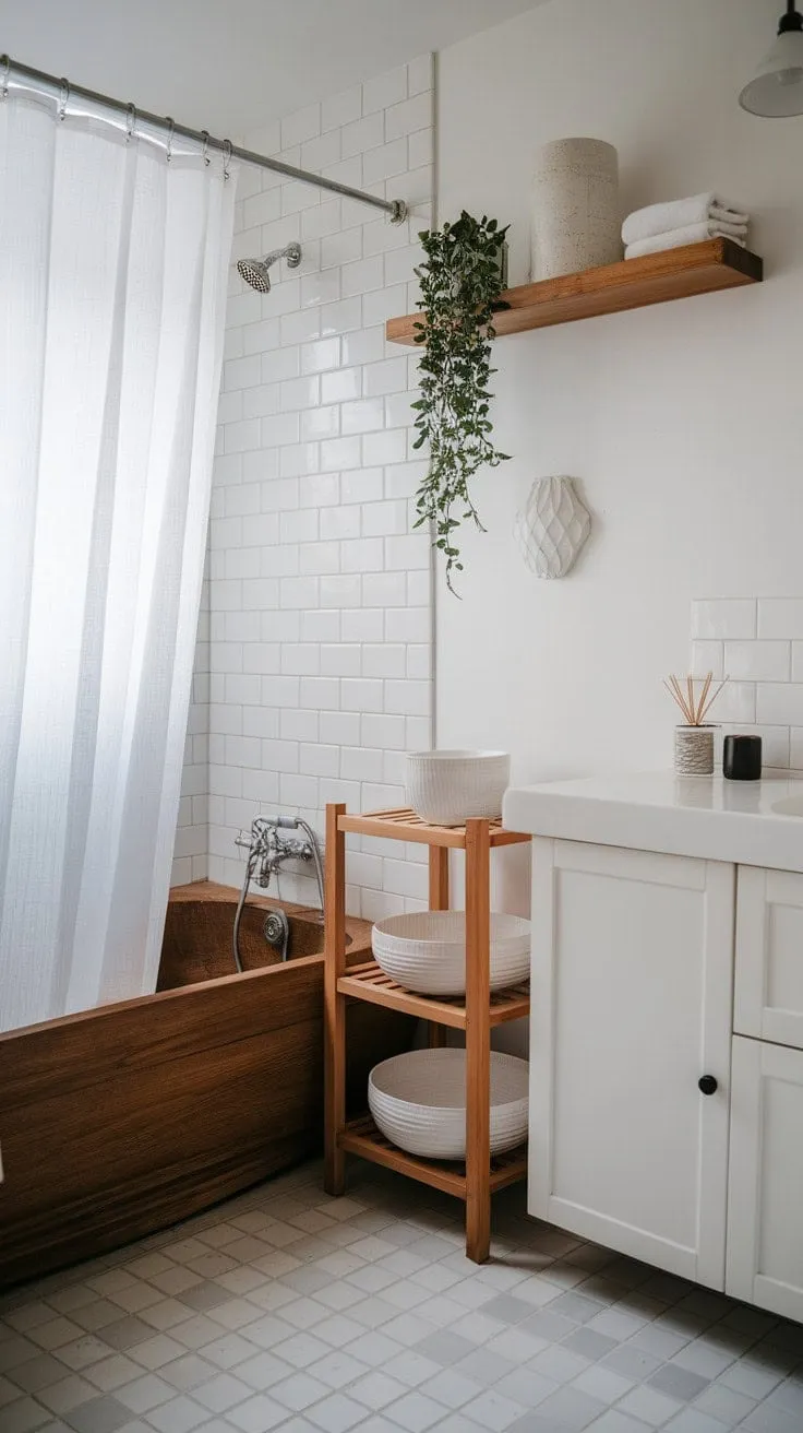 This minimalist Scandinavian-Japandi bathroom, featuring a wooden bathtub and calming white accents, embodies tranquility through its thoughtfully curated design.